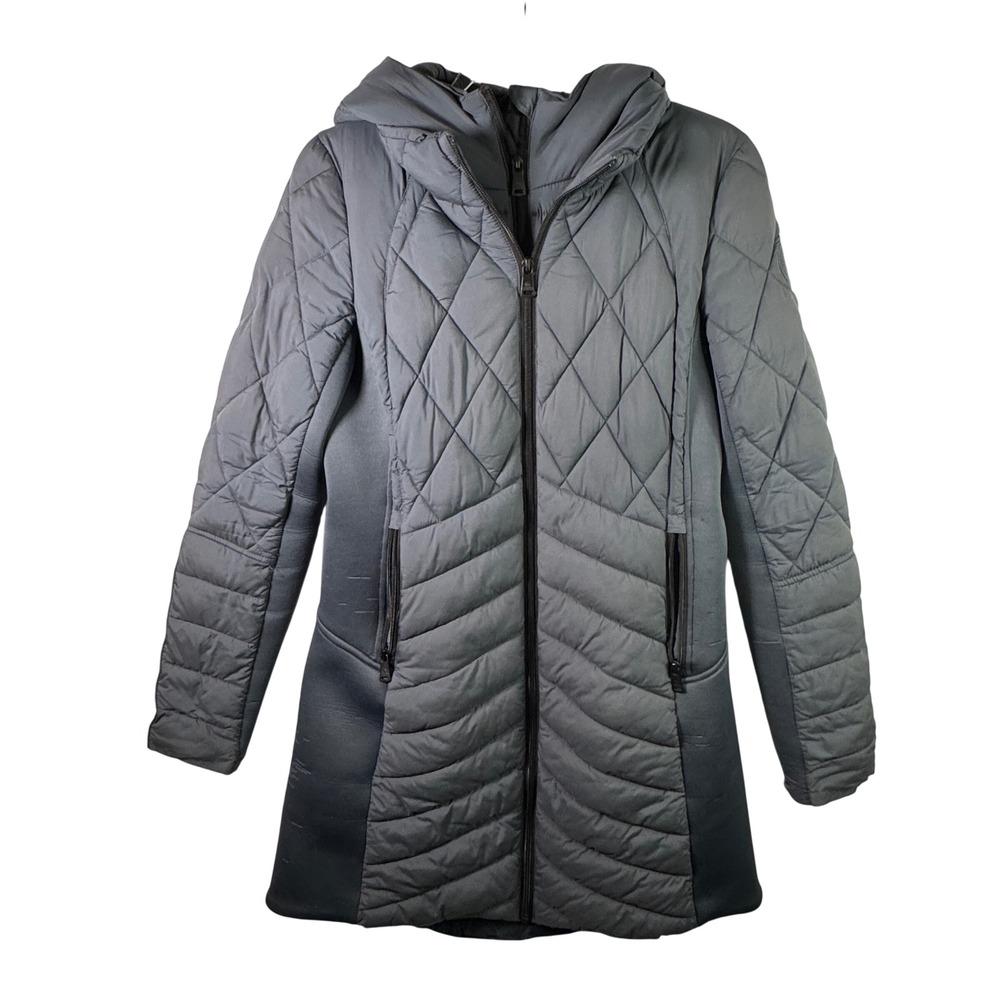 Bernardo Women Quilted Mixed‎ Media Puffer Jacket Hooded Grey Parka S Recycled